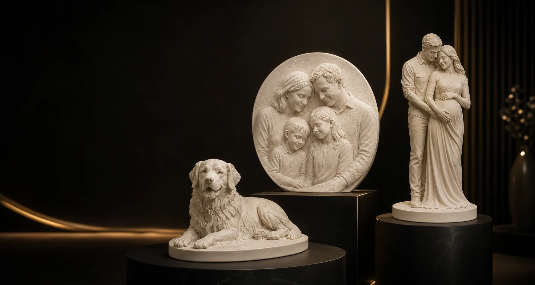 Bone-white 3D printed pet, family, and milestone keepsake sculptures in a black and gold gallery setting